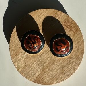 Vintage Orange and Black Marbled Ceramic Clip On Earrings